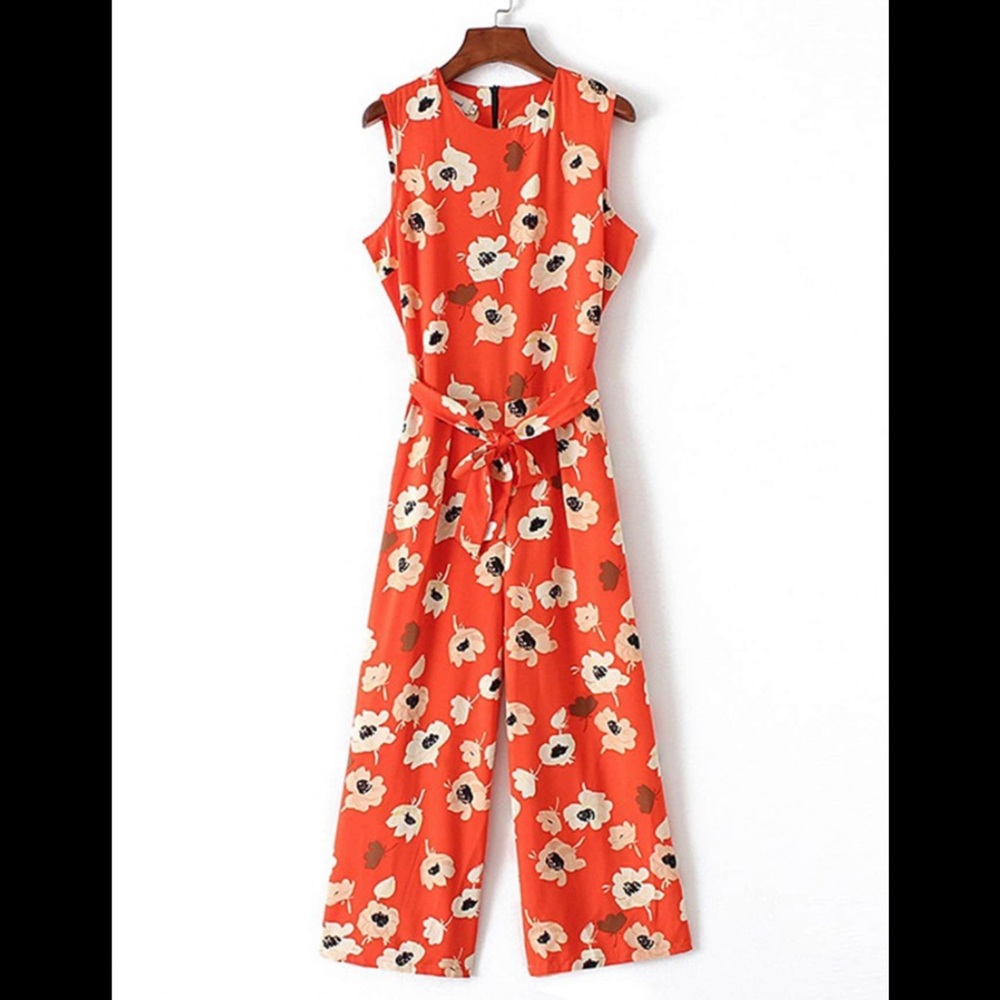 Floral print tie waist jumpsuit